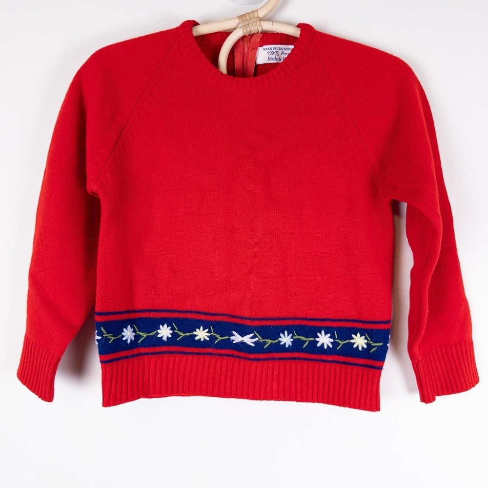 Vintage 90s Saks Fifth Avenue Sweater Kids 24M Red Floral Embroidered Back Zip